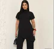 Conjunto Assimétrico Feminino Gola Alta Manga Curta Calça Pantalona Casual Dia a Dia Moda Outono
